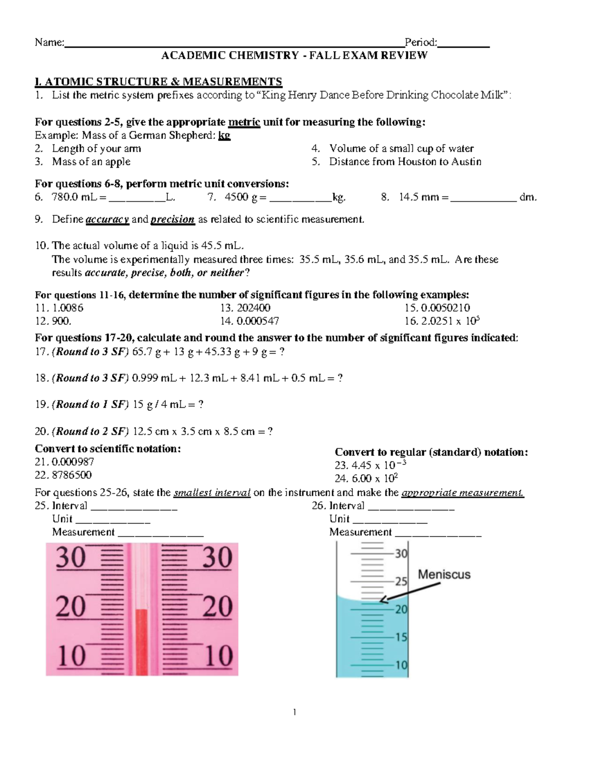 Chem 101 Final Exam Review: Atomic Structure to Chemical Quantities ...