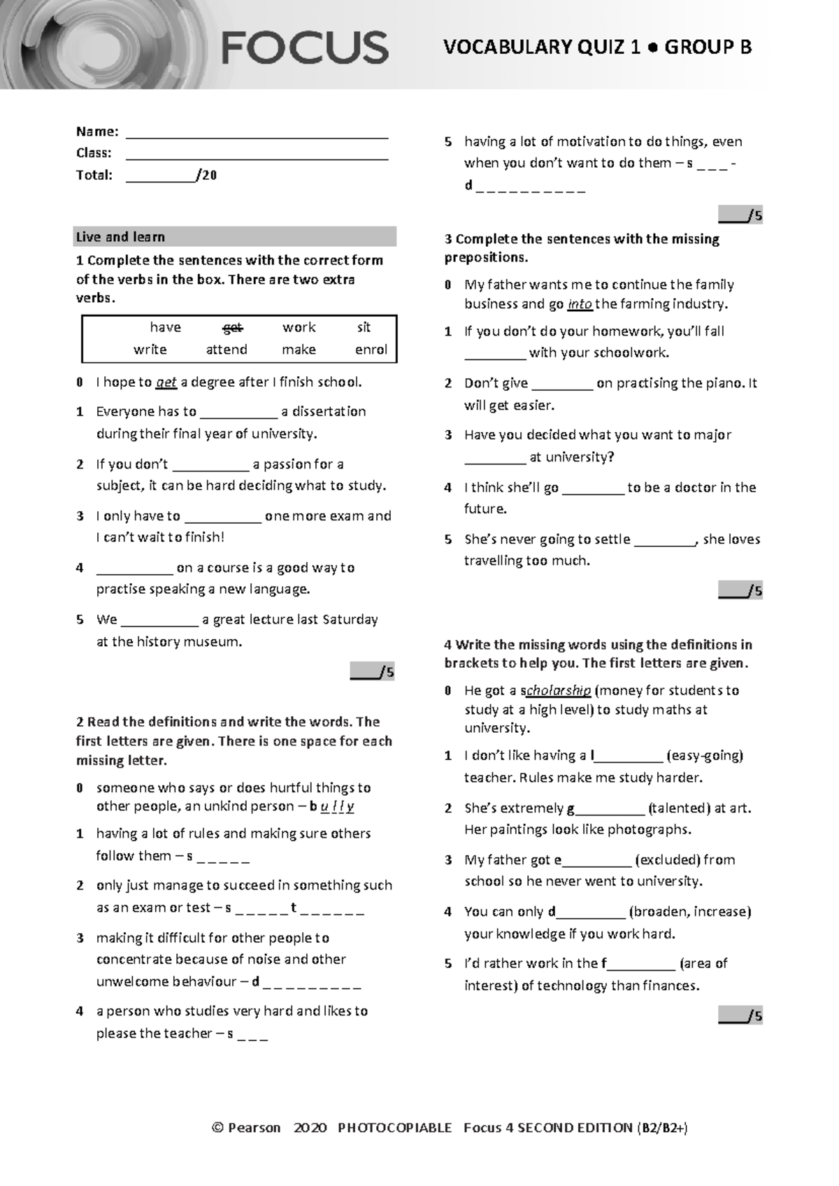 Focus 4 2E Vocabulary Quiz Unit1 Group B - © Pearson 2020 PHOTOCOPIABLE ...