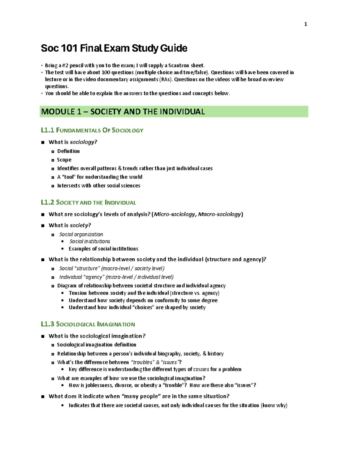 Soc 101 H002 Final Exam Study Guide: Core Concepts & Key Themes - Studocu