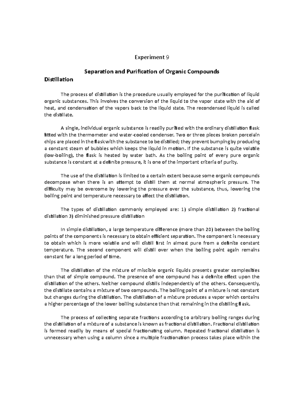 Experiment 9: Distillation for Separation & Purification of Organic ...