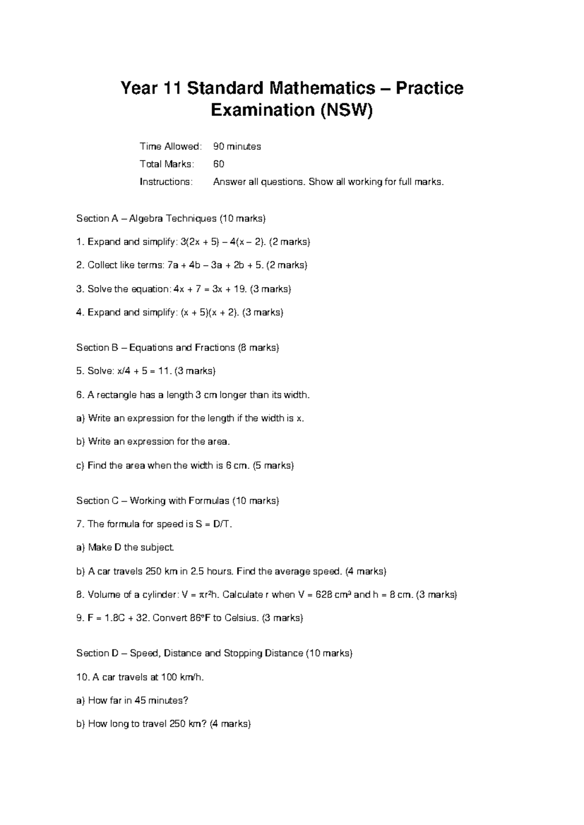 Year 11 Standard Mathematics Practice Exam (NSW) - Studocu