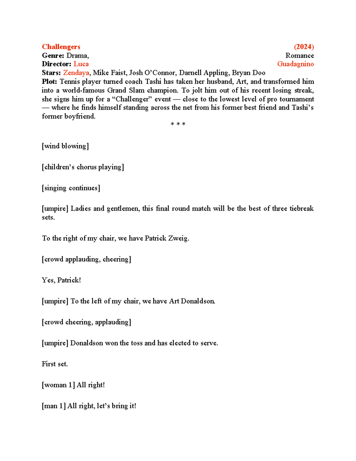 Challengers Script (2024): Drama & Romance in Tennis - Studocu