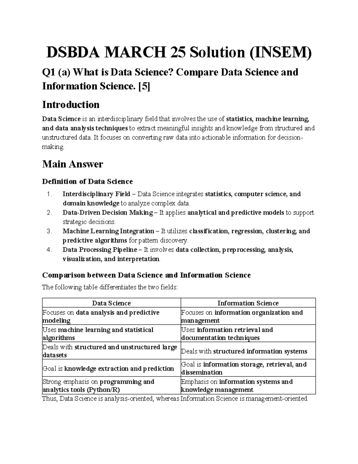 DSBDA MARCH 25 INSEM Solutions: Data Science Insights & Analysis - Studocu