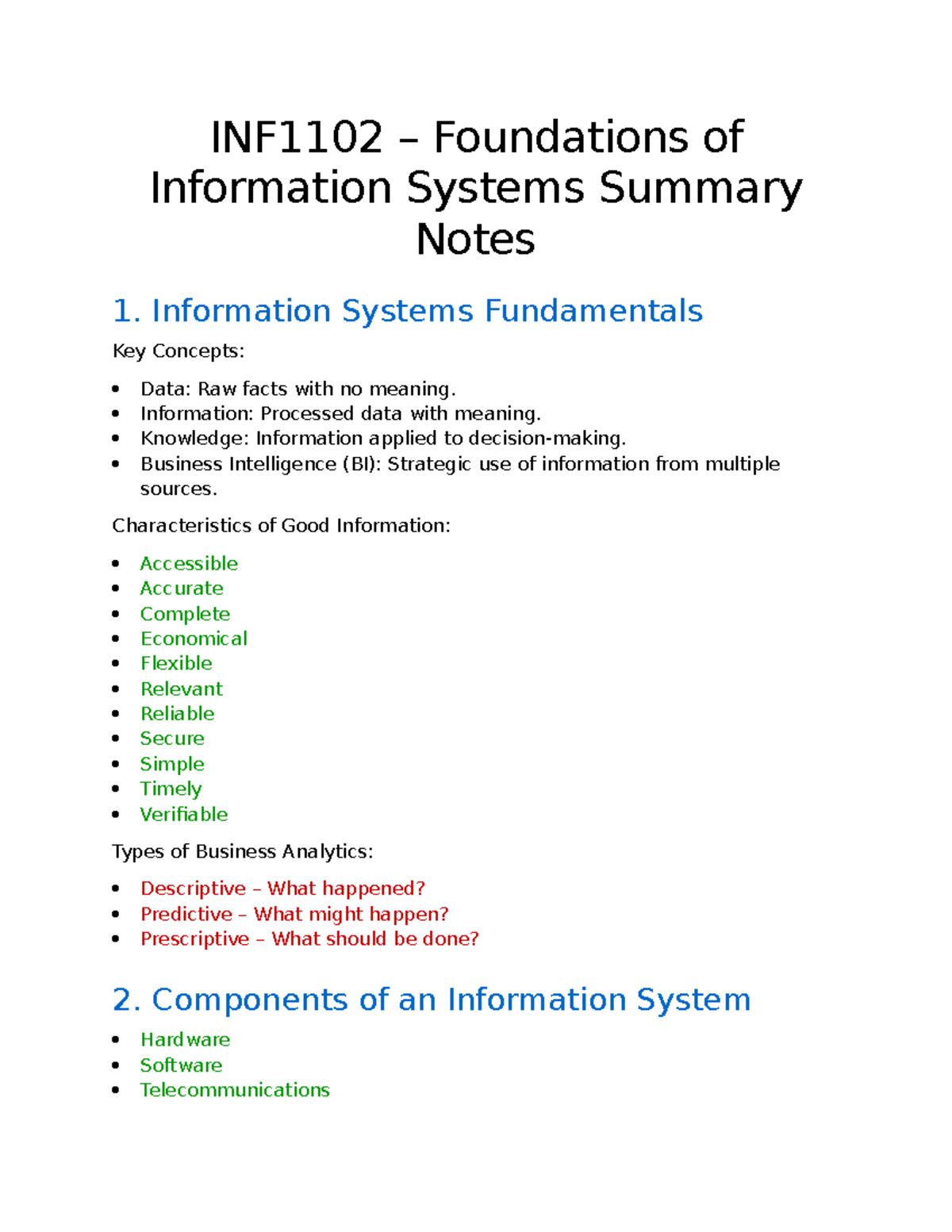 INF1102 Foundations of Information Systems Summary Notes - Studocu