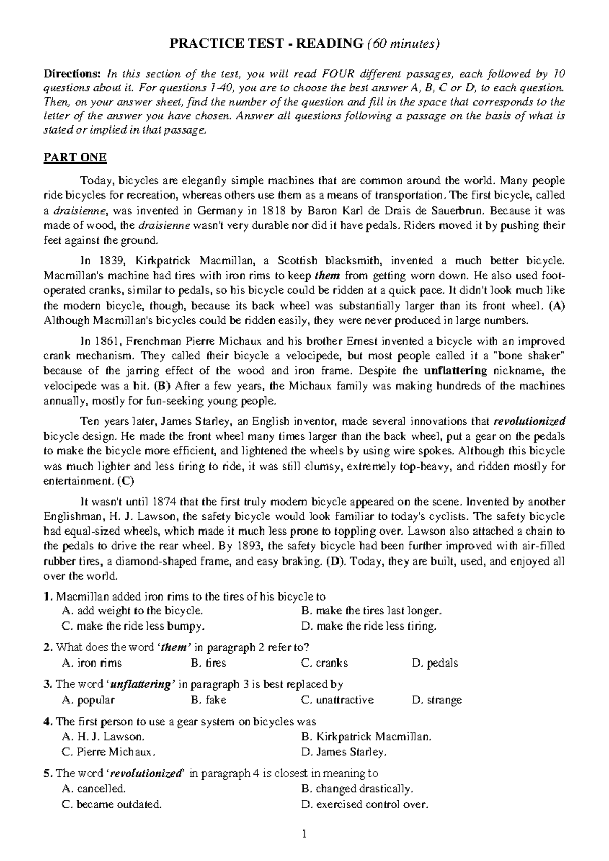 PRACTICE TEST READING (60 min) - Simplified Version - Studocu