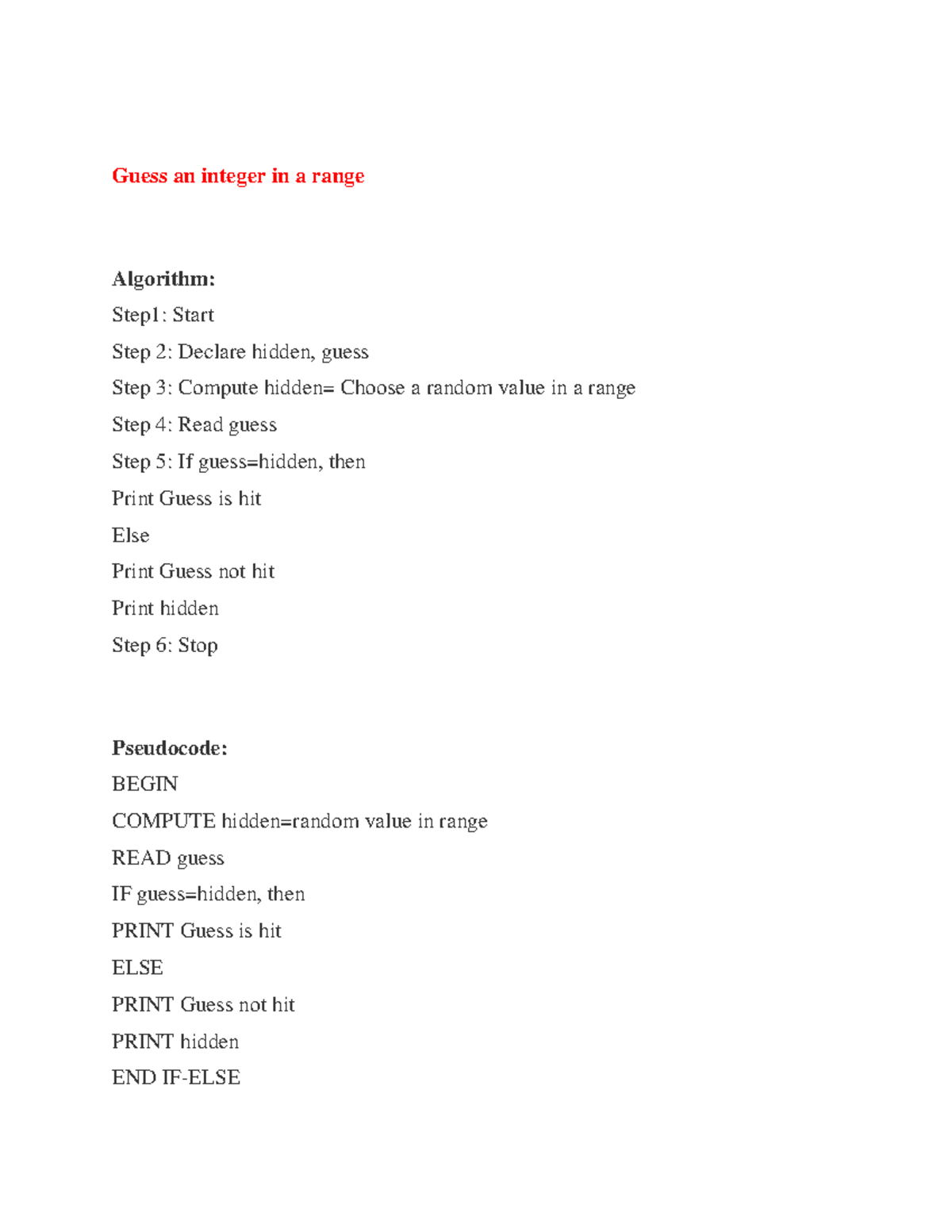 Unit I python algorithm and psedocode - Guess an integer in a range ...