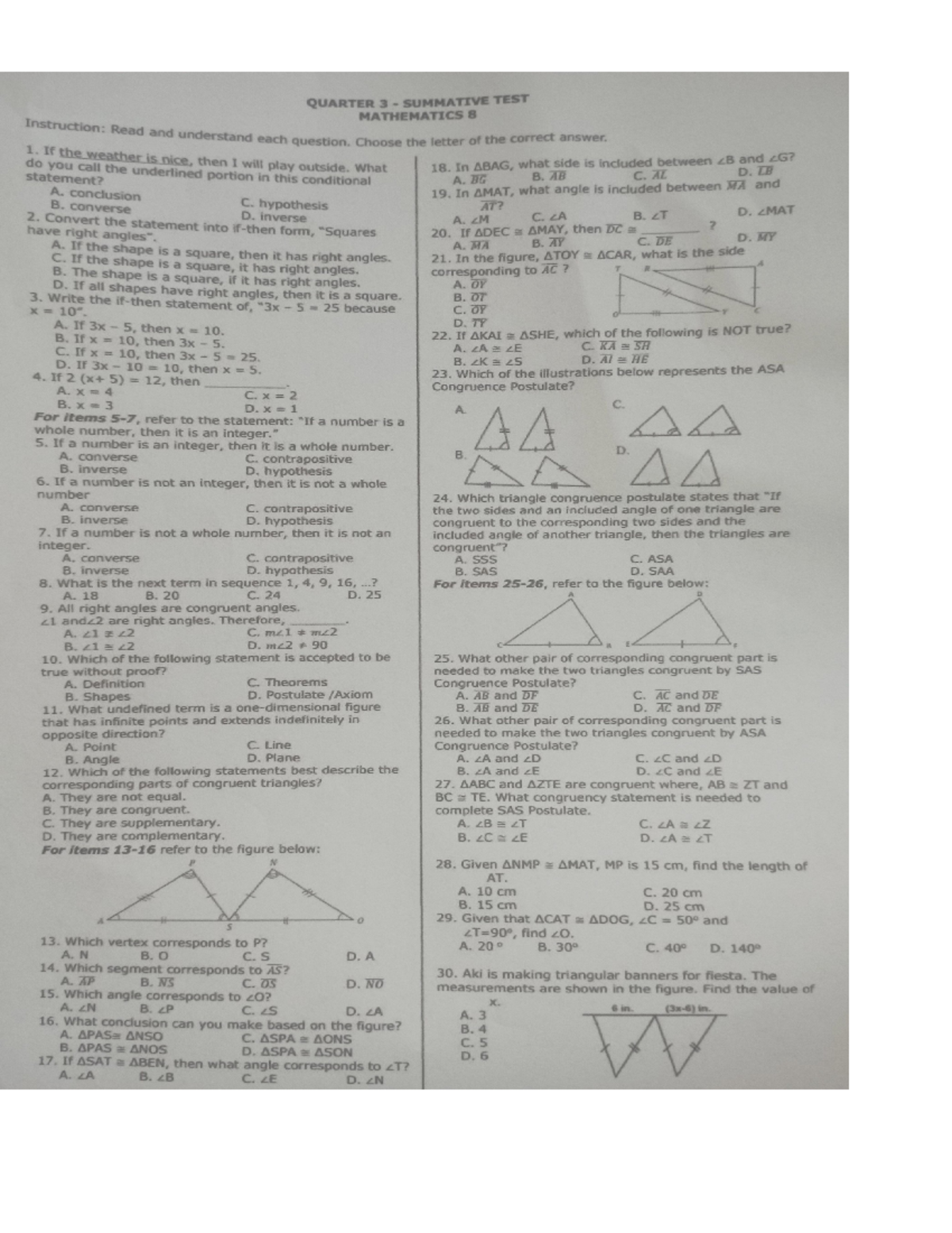 Assignment - QUARTER 3 SUMMATIVE TEST MATHEMATICS 8 Instruction: Read ...