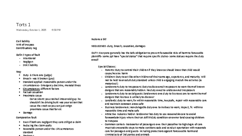 Torts 1 - Comprehensive Review of Civil Liability and Negligence ...