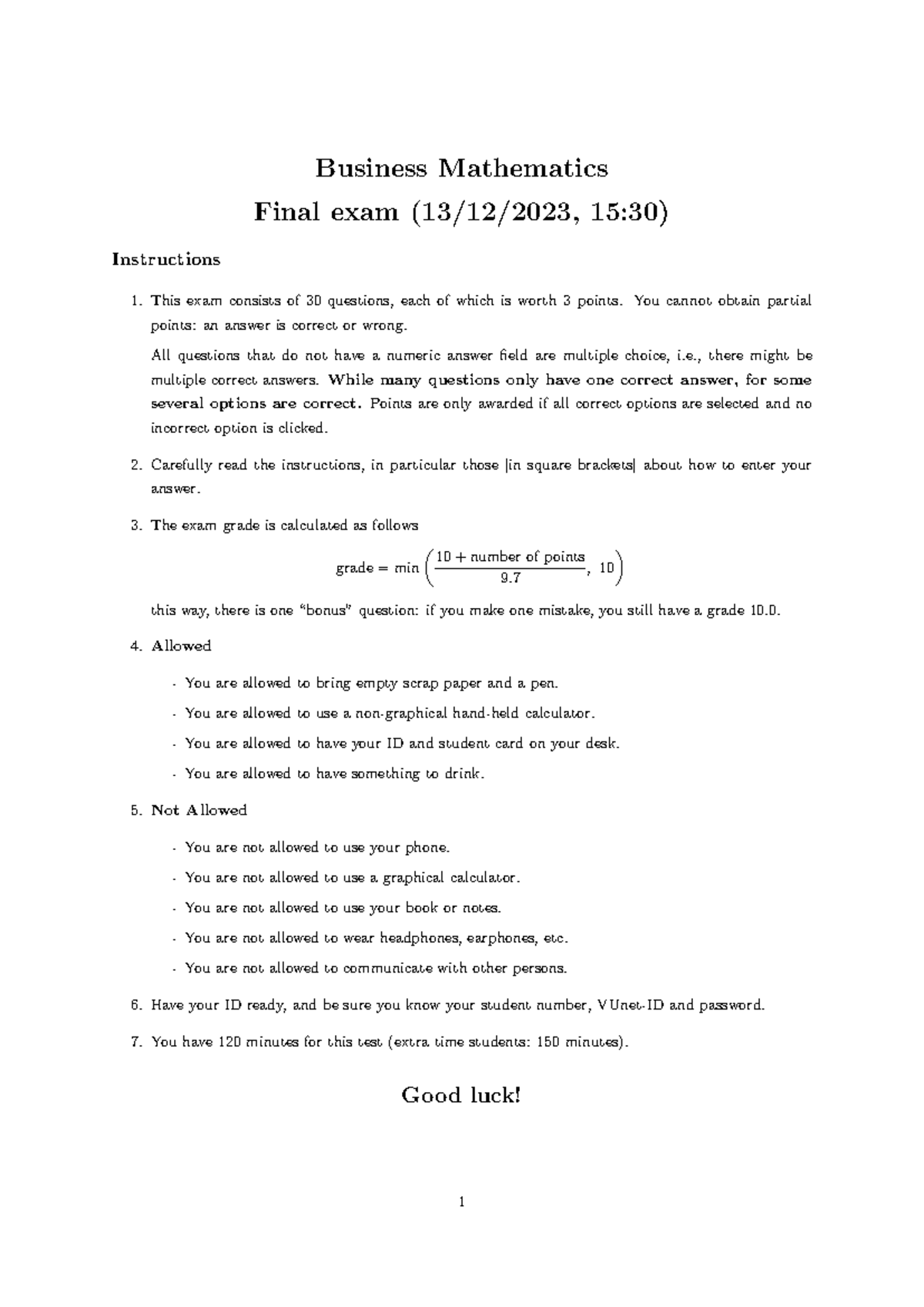 BUSM 2023 Final Exam: Business Mathematics Instructions & Questions ...