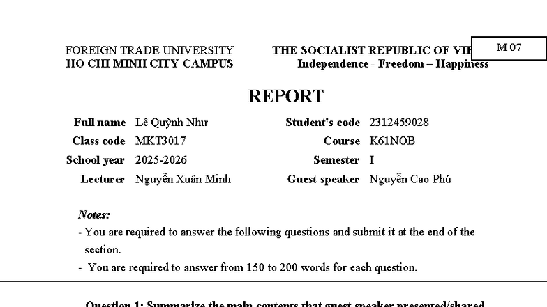 MKT3017 Final Report on Guest Speaker Insights from Nguyễn Cao Phú ...