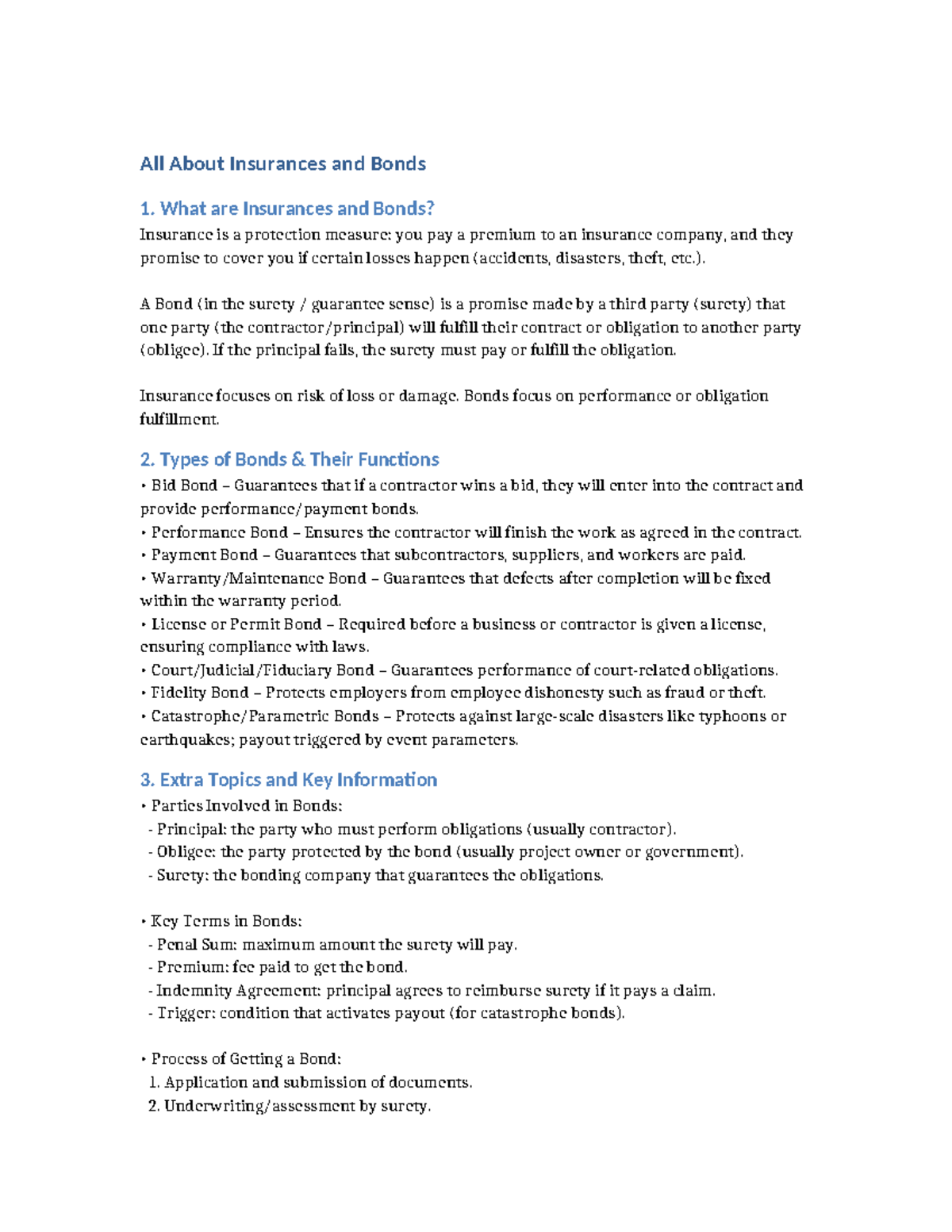 Insurances and Bonds Overview: Key Concepts and Functions (APA) - Studocu