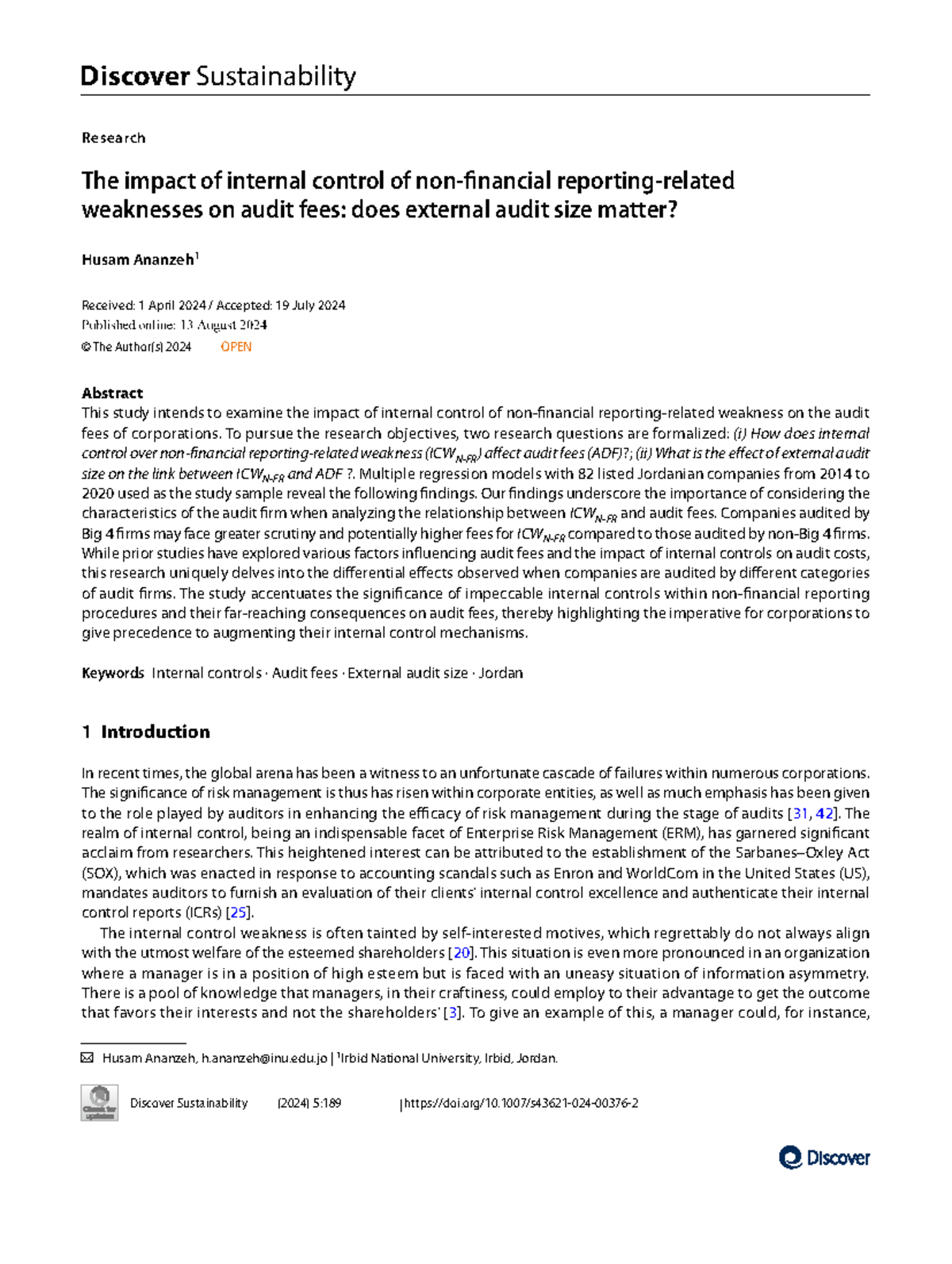 The Impact of Internal Control Weaknesses on Audit Fees: A Study (2024 ...