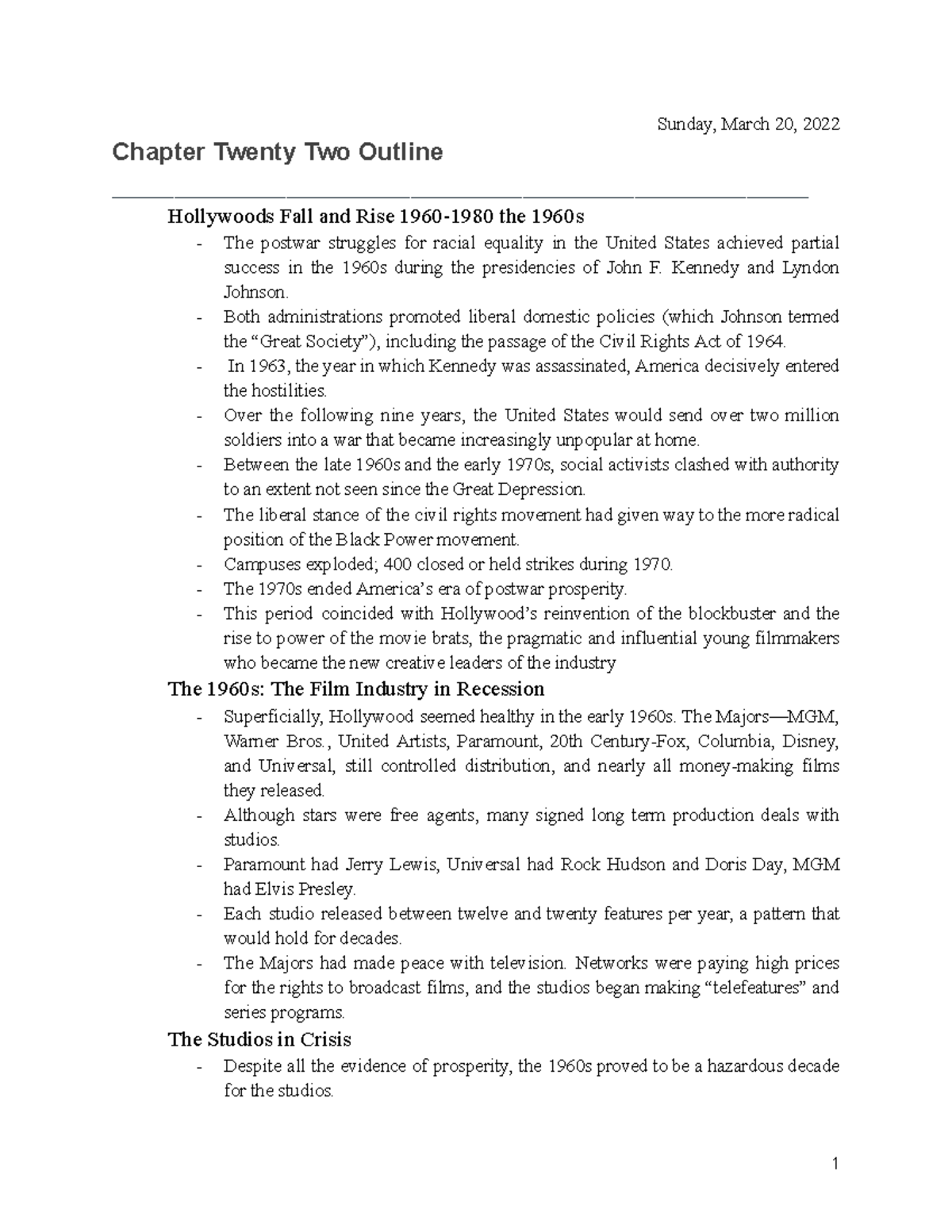 Chapter 22 Outline: Cinema's Evolution from Crisis to Blockbuster - Studocu