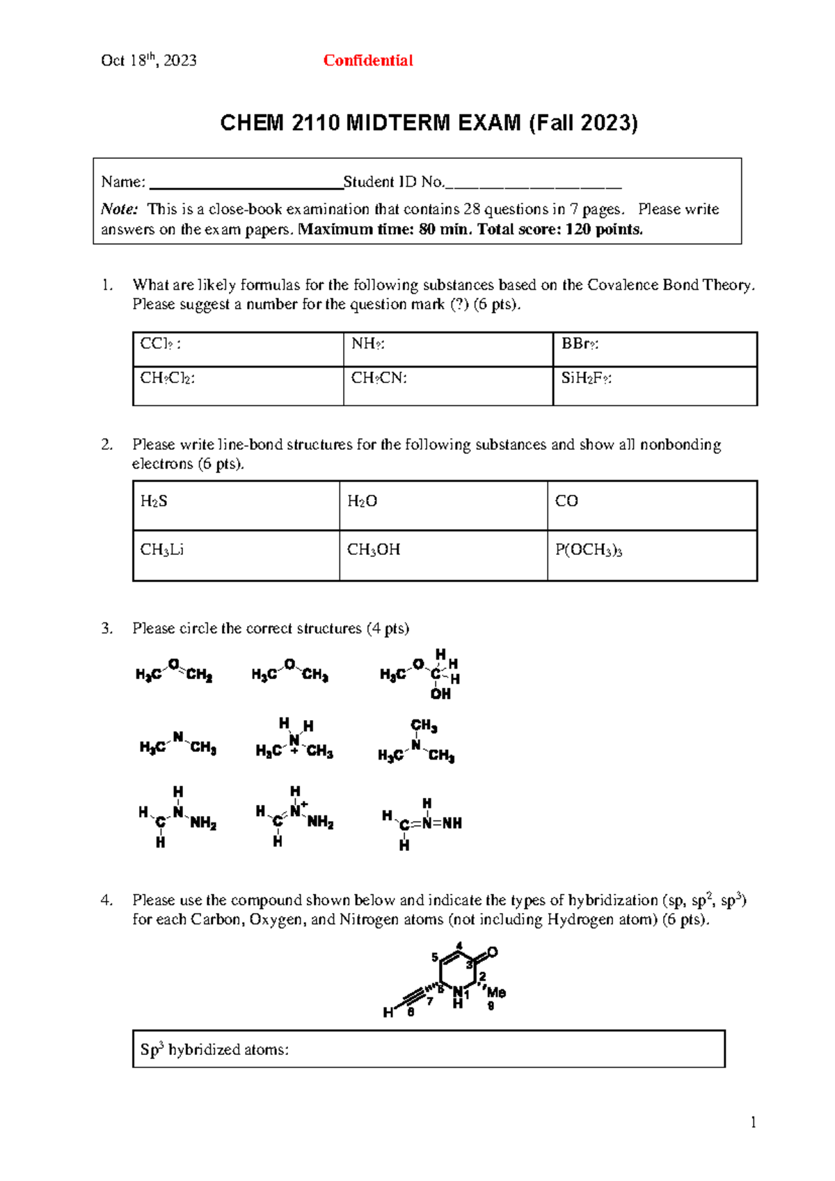 CHEM 2110 Fall 2023 Midterm Exam Sample Questions and Answers - Studocu