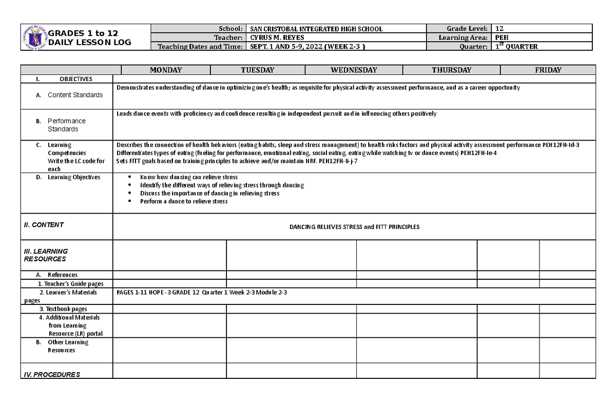 DLL PEH Q1 W2-3 - Daily Lesson Log on Dance and Health Principles - Studocu