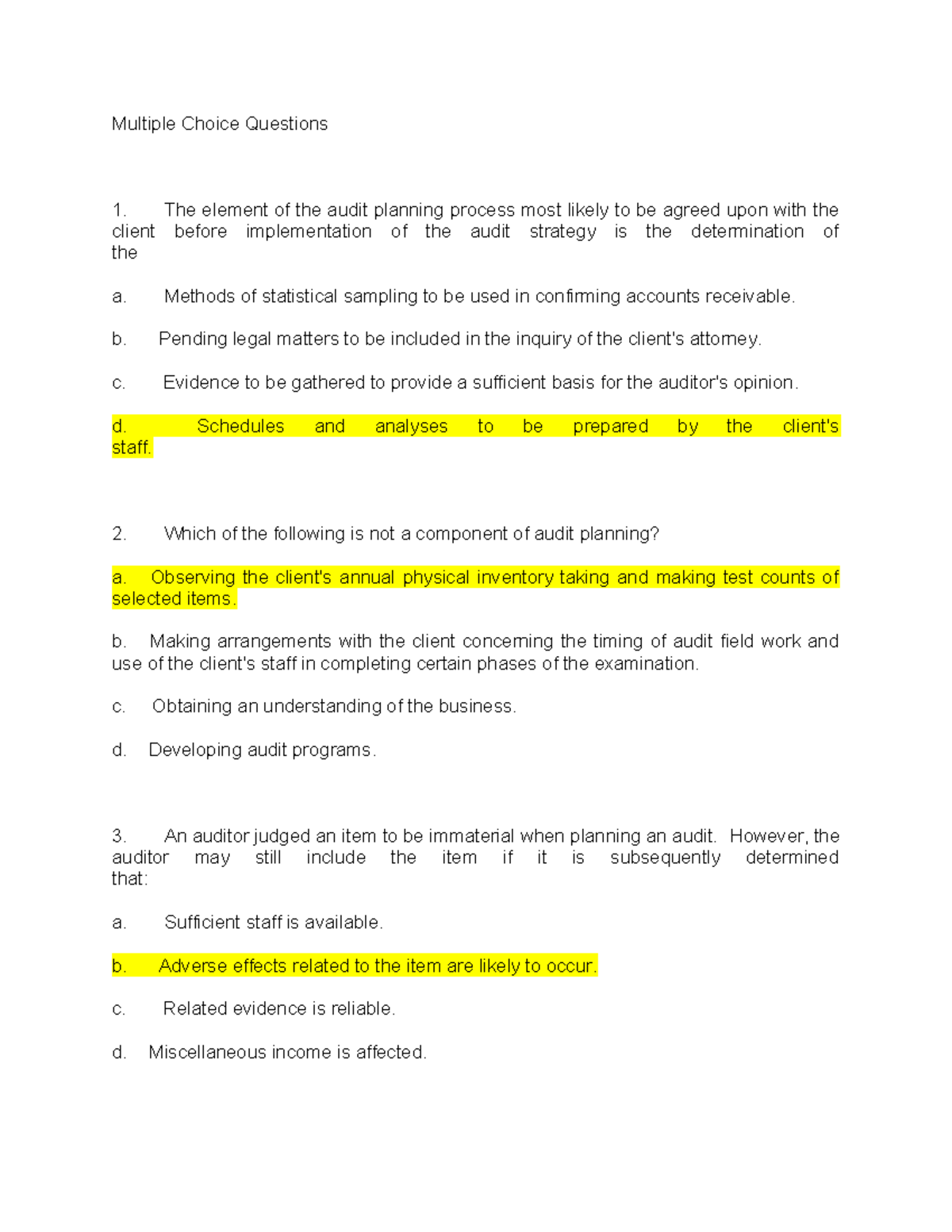 Audit Planning Multiple Choice Questions - Review Notes for ACC 101 ...