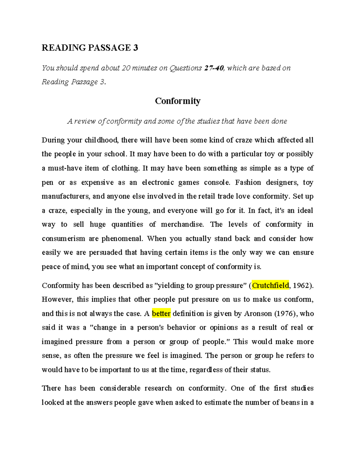 Conformity Studies: Insights from READING PASSAGE 3 Analysis - Studocu
