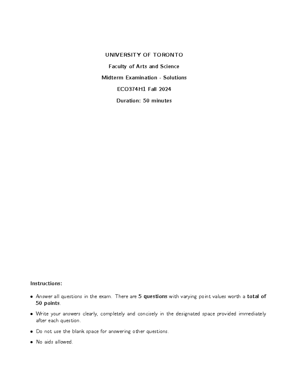 ECO374H1 Midterm Exam Solutions - Fall 2024 - Studocu