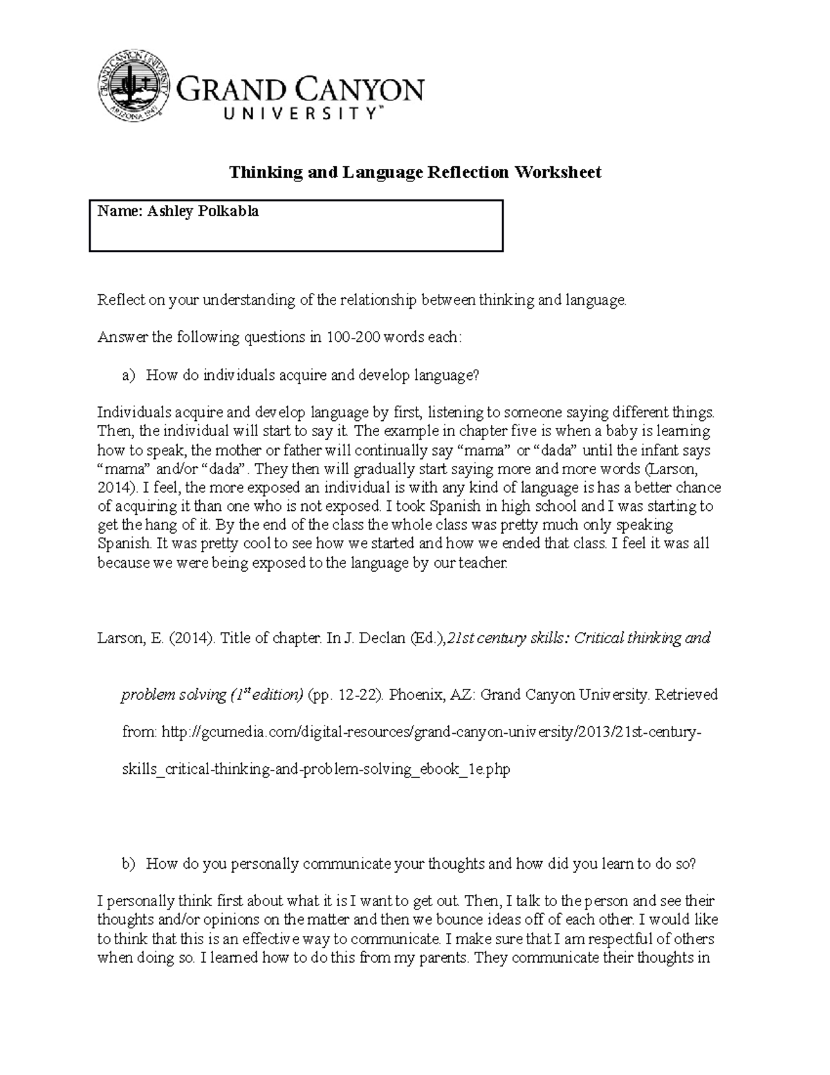 Thinking and Language Reflection Worksheet (EDU-202) - Studocu