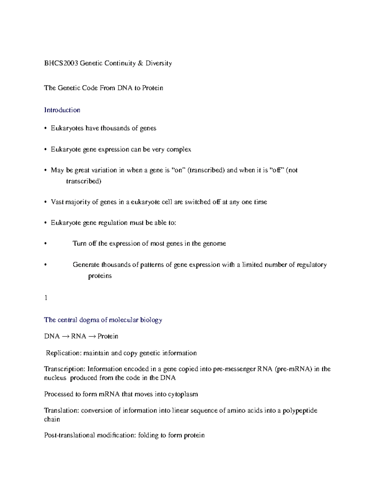 Genetic Continuity & Diversity - Lecture 3 & 4 Review Notes - Studocu