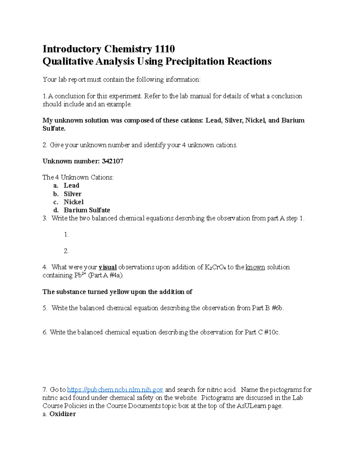 Qualitative Analysis Lab Report for Intro Chemistry 1110 - Studocu