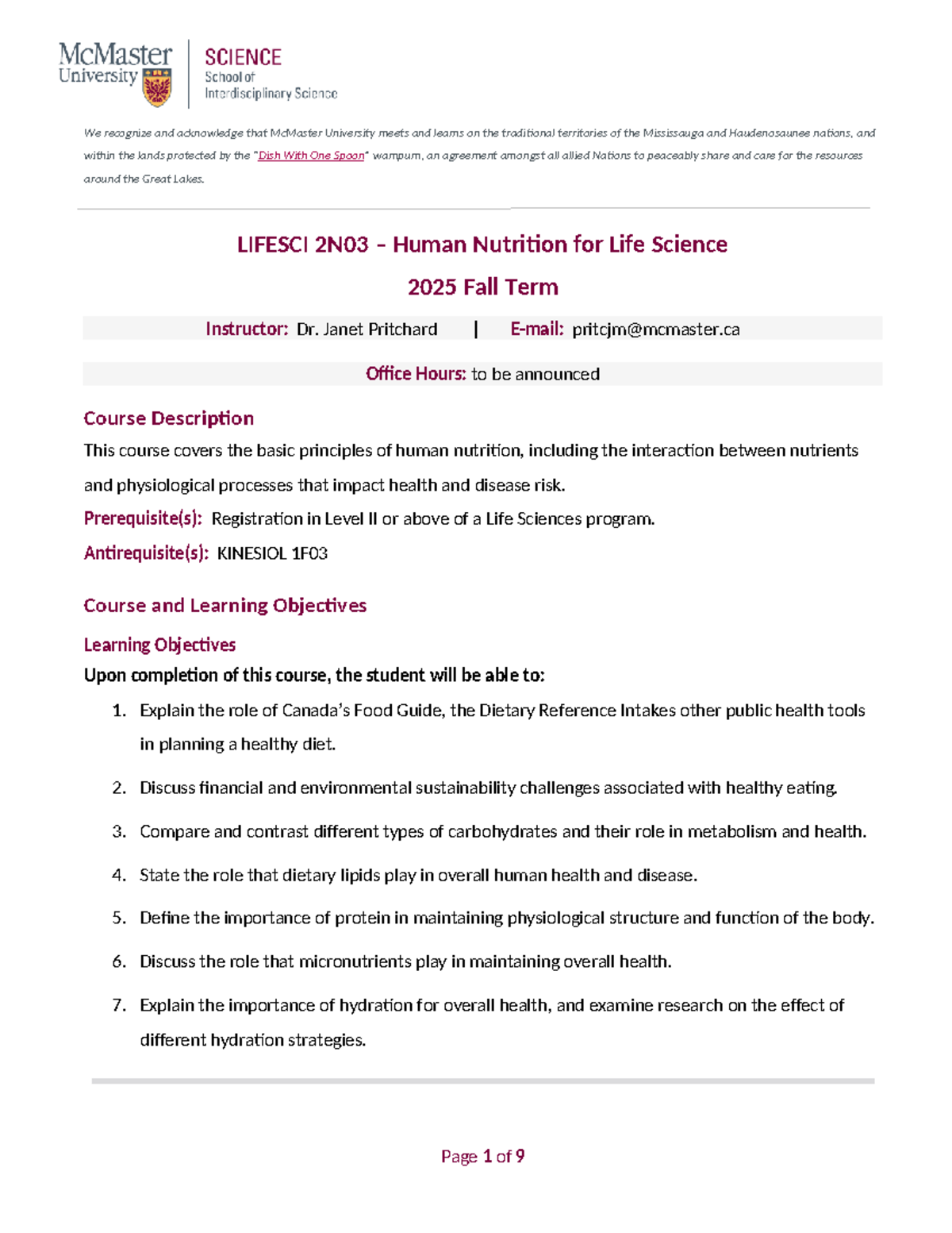 LIFESCI 2N03 Human Nutrition Course Outline - Fall 2025 - Studocu