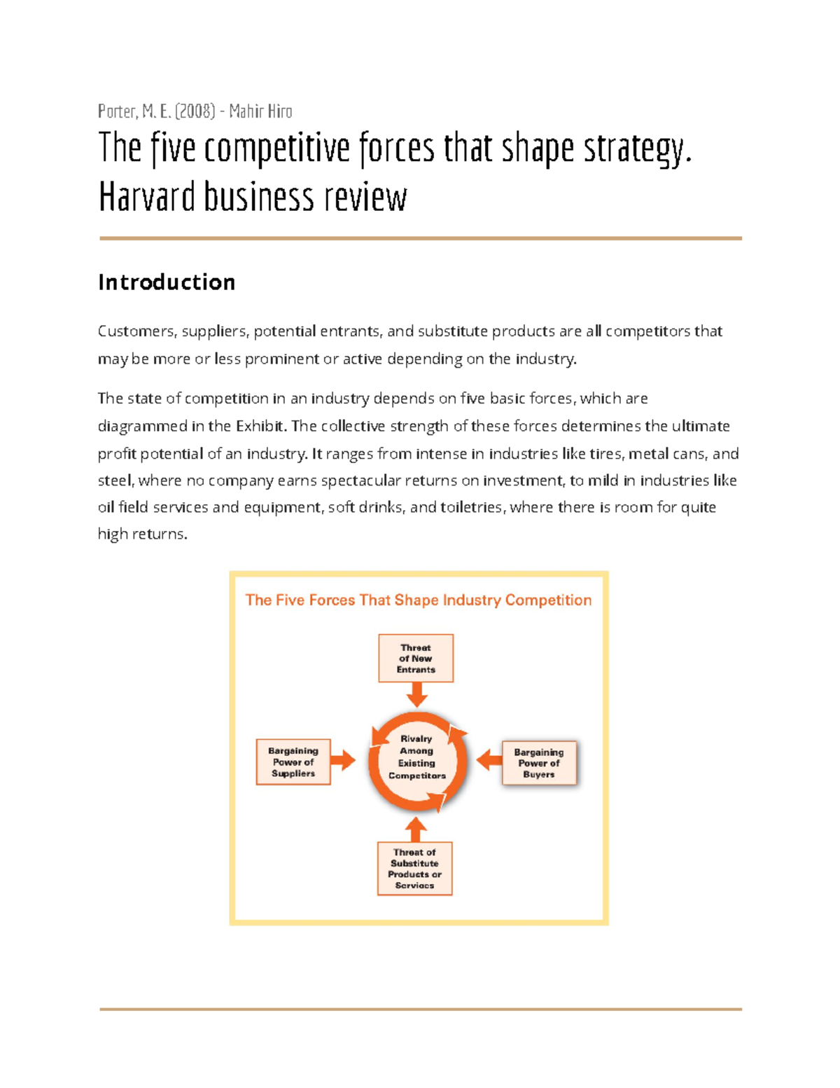 Summary of Porter's Five Competitive Forces Strategy Analysis - Studeersnel