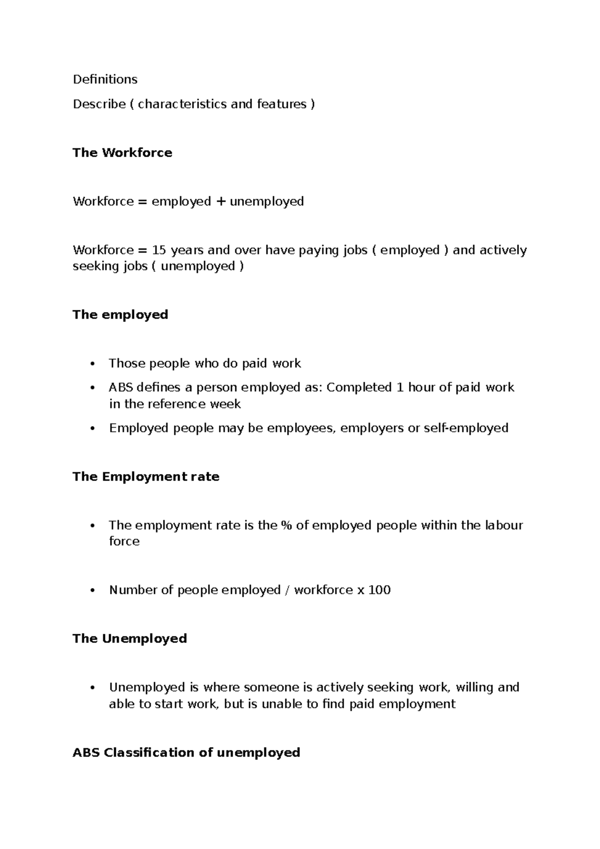 Yr 10 notes - employment and the workforce - Definitions Describe ...