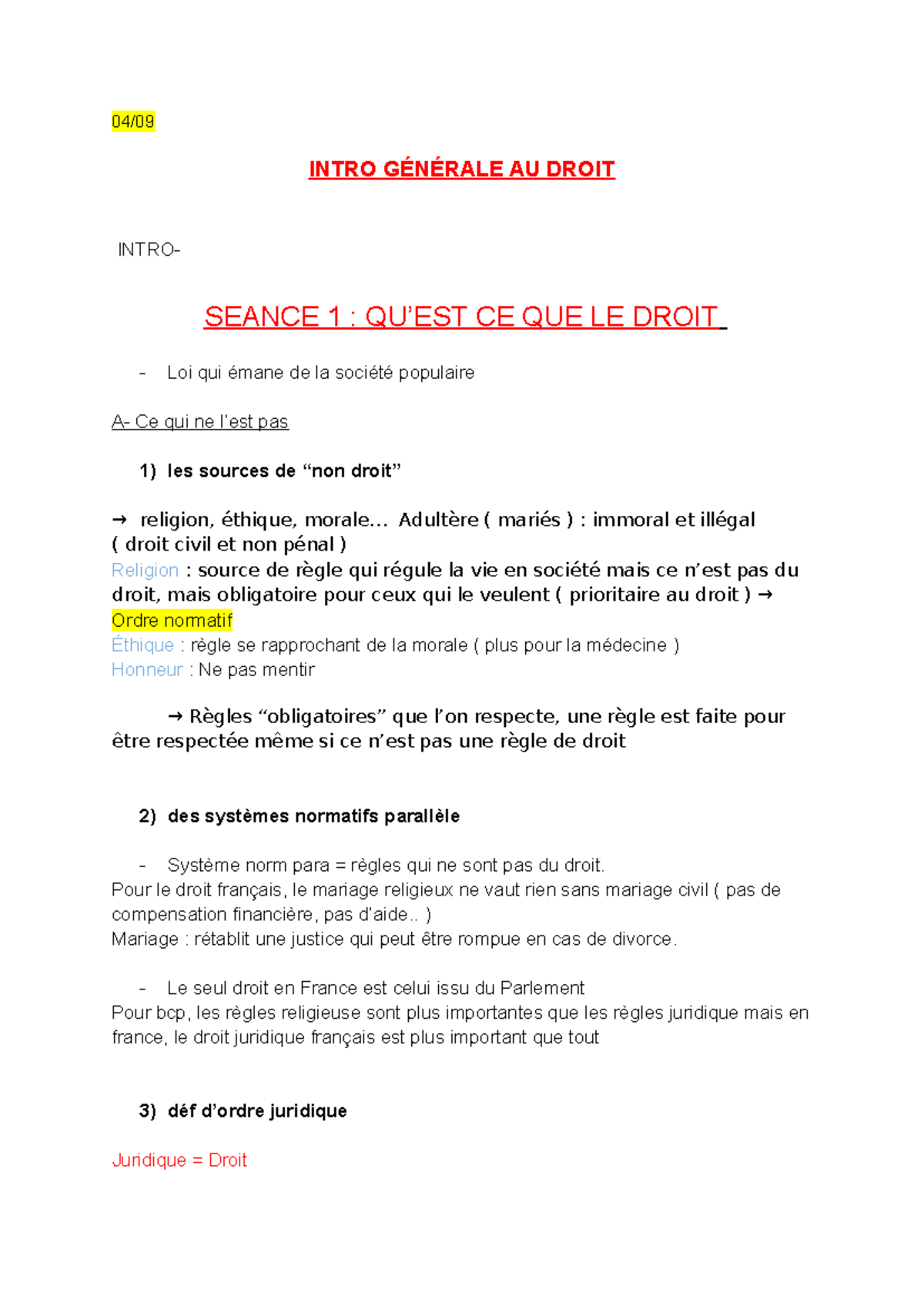 Introduction Générale au Droit - Séance 1 : Fondements et Sources - Studocu
