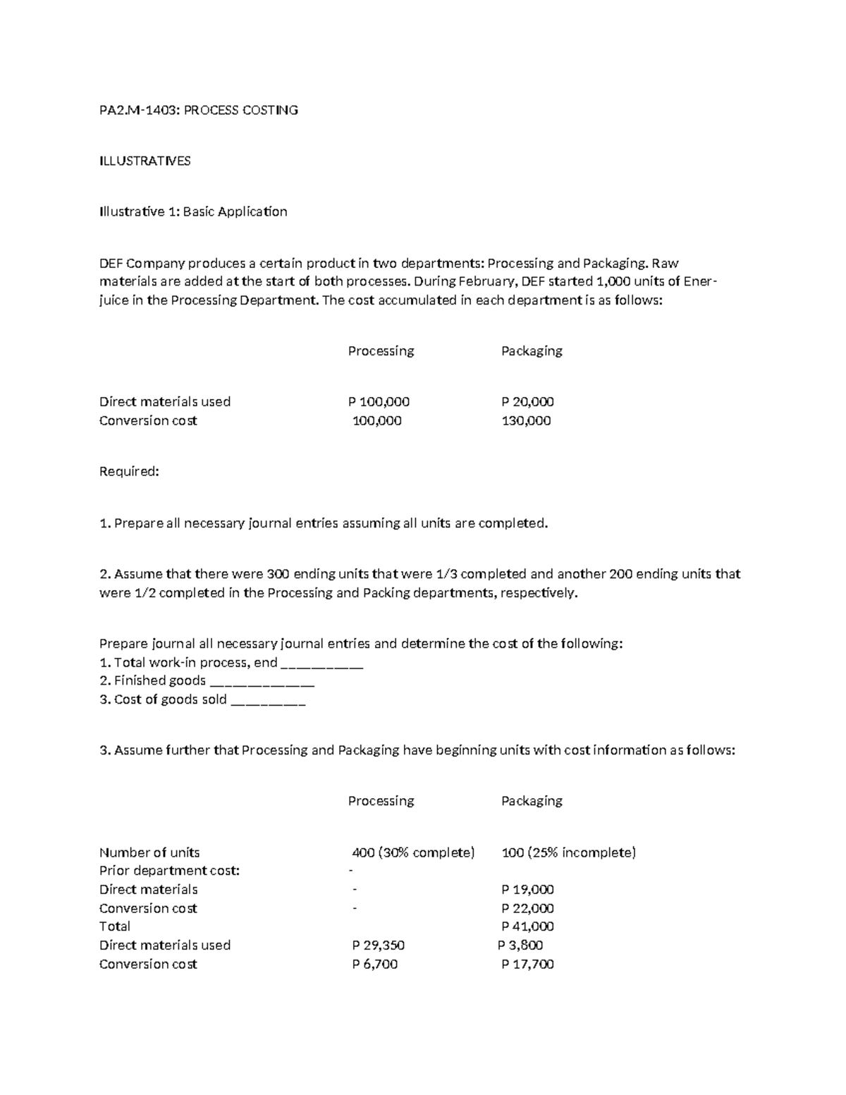 PA2.M-1403 Process Costing Illustratives and Journal Entries - Studocu
