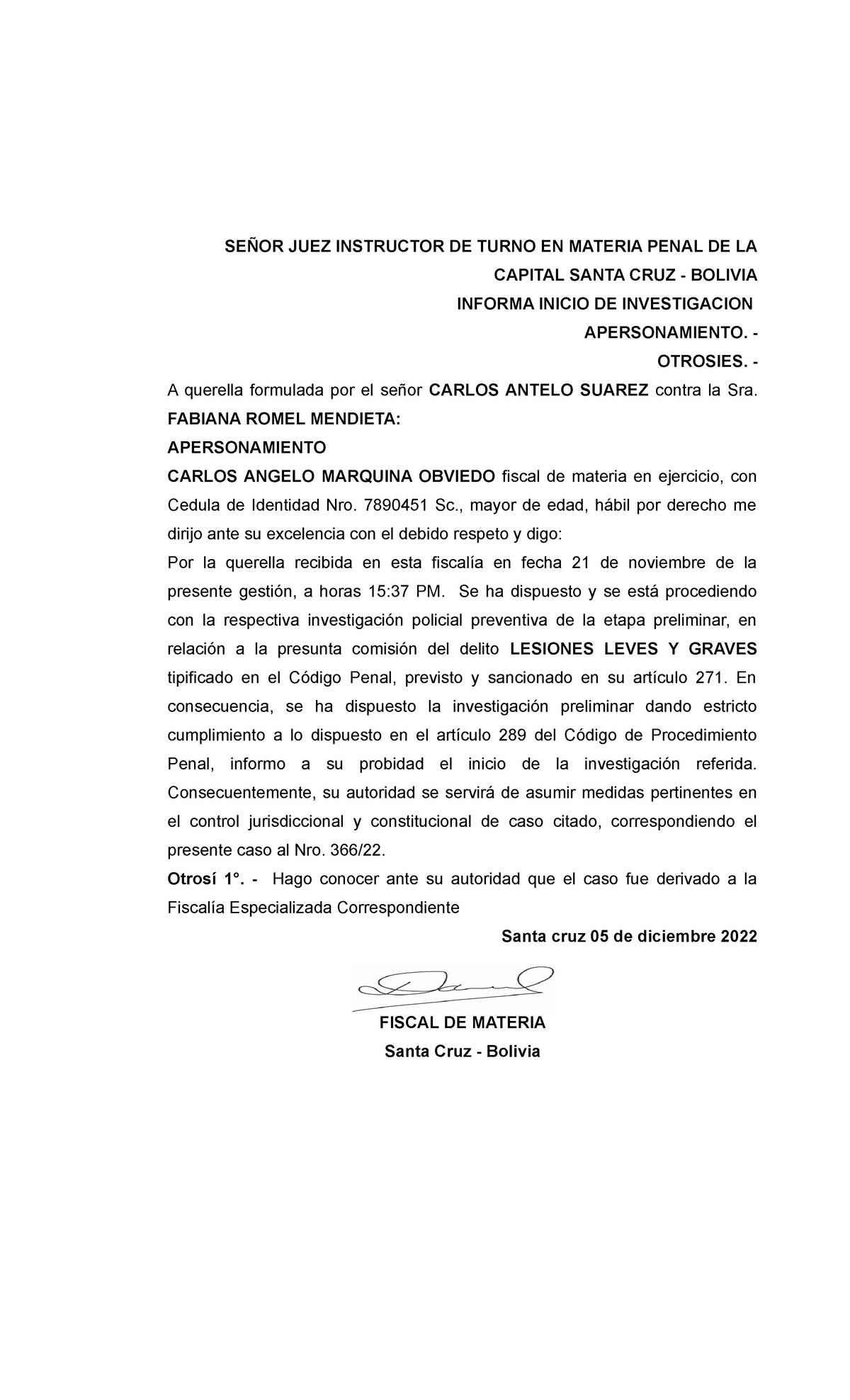 Informe de Inicio de Investigacion - Caso Nro. 366/22 - Santa Cruz - Document Preview