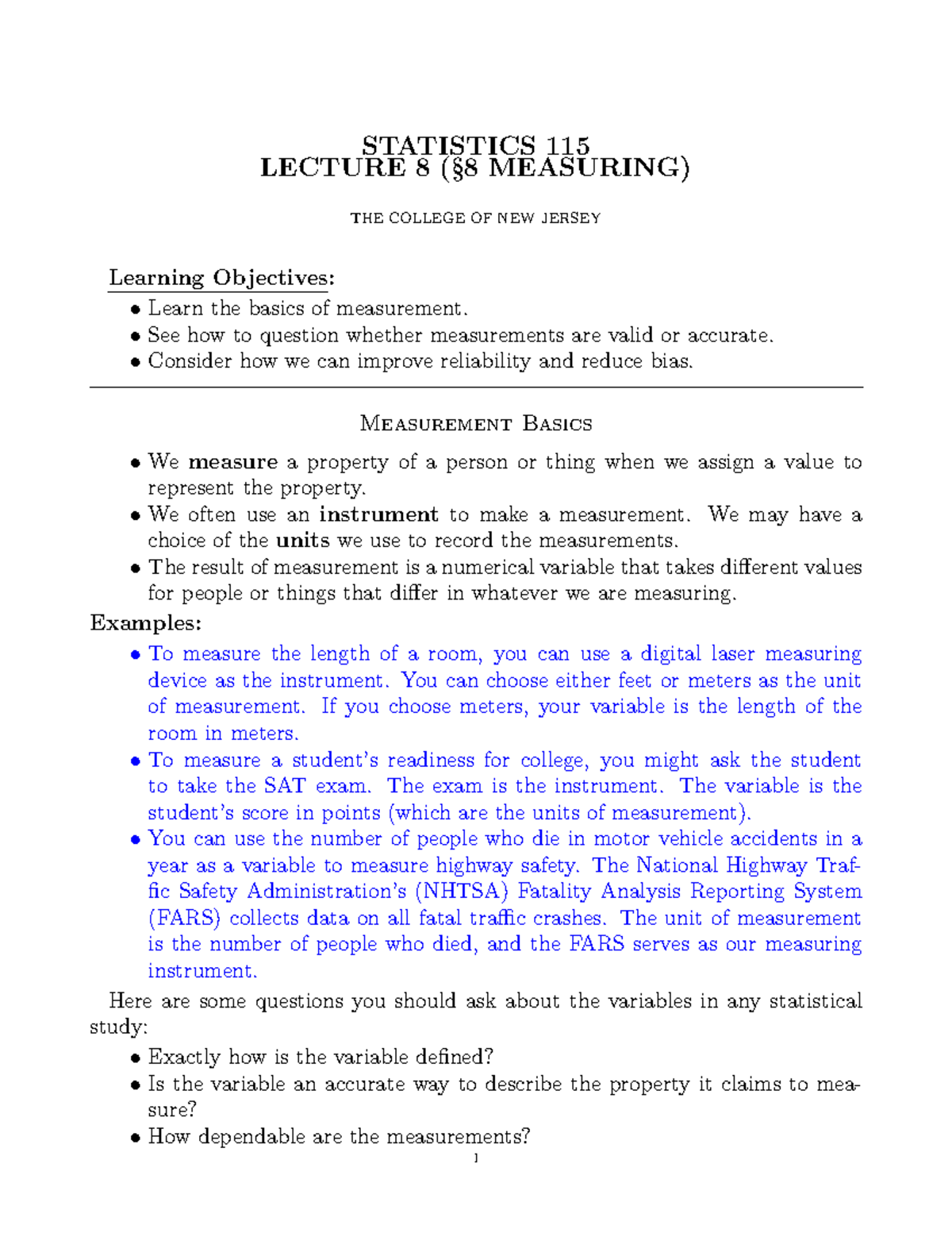 Statistics 115: Lecture 8 - Measurement Basics and Validity - Studocu