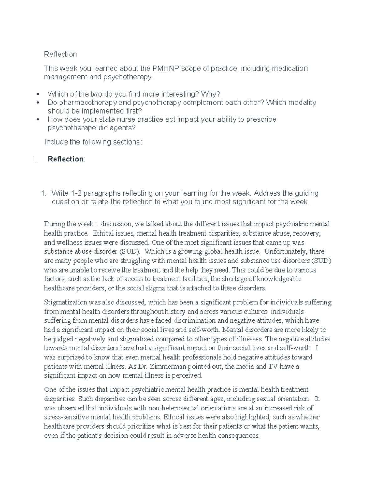 Psych Assessment Reflection: Week 1 Insights on PMHNP Practice - Studocu