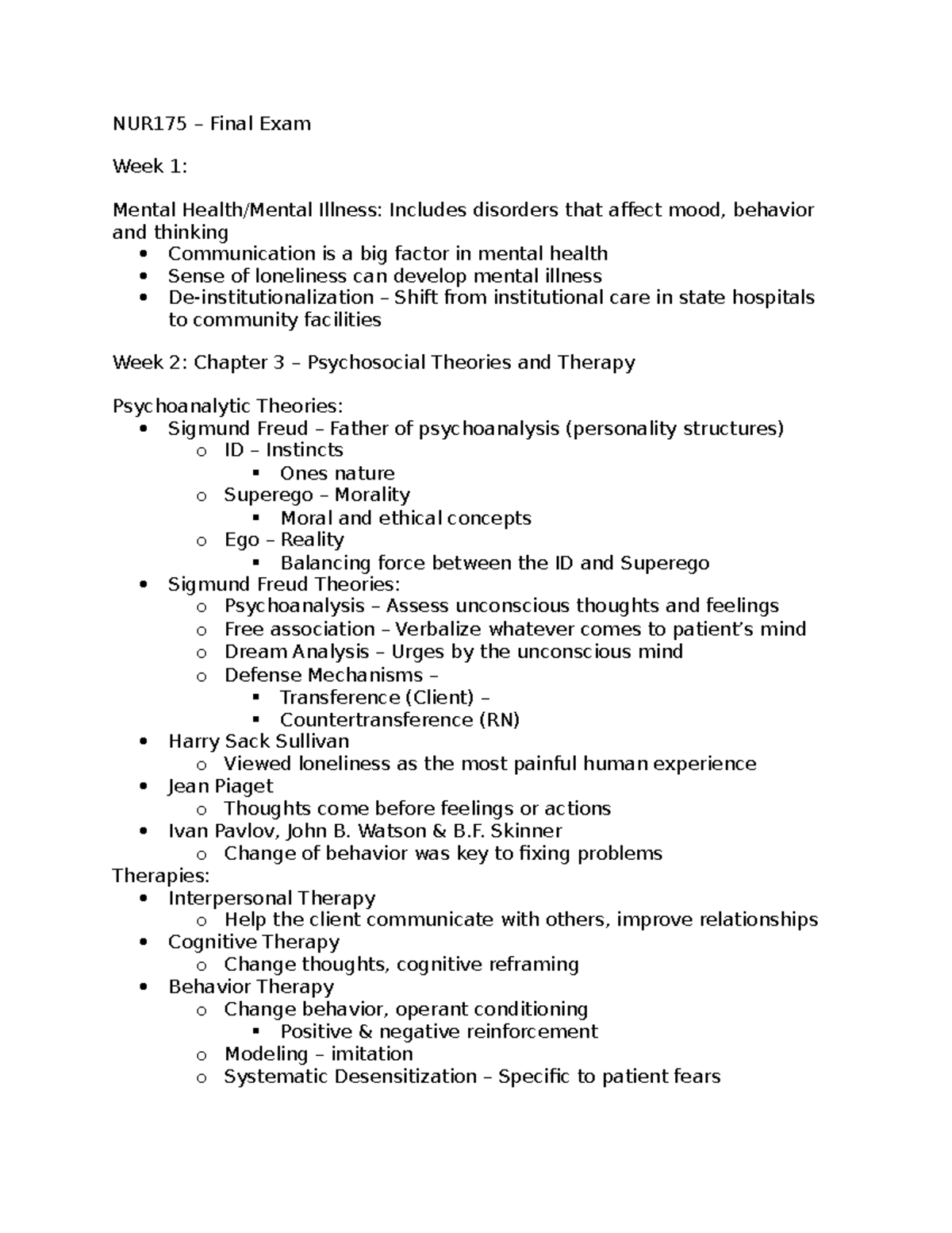 NUR175 - Final Exam Study Guide on Mental Health & Psychosocial ...