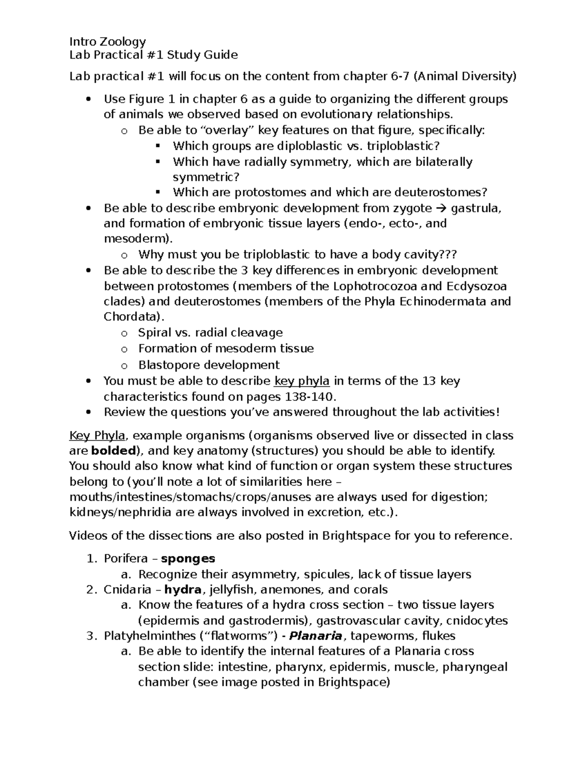 Zoology Lab Practical #1 Study Guide: Animal Diversity (Ch. 6-7) - Studocu
