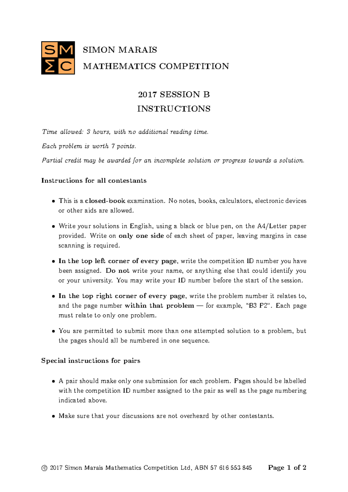 SIMON MARAIS MATHEMATICS COMPETITION 2017 SESSION B INSTRUCTIONS - Studocu