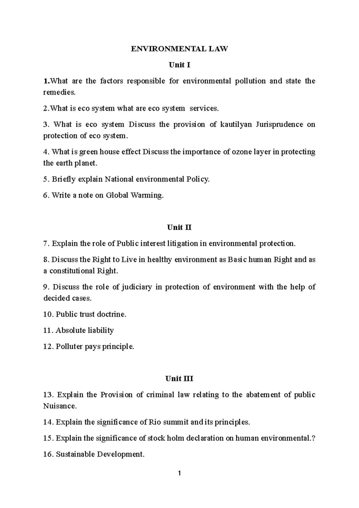 ENVIRONMENTAL LAW (Unit I-V) Comprehensive Study Notes - Studocu