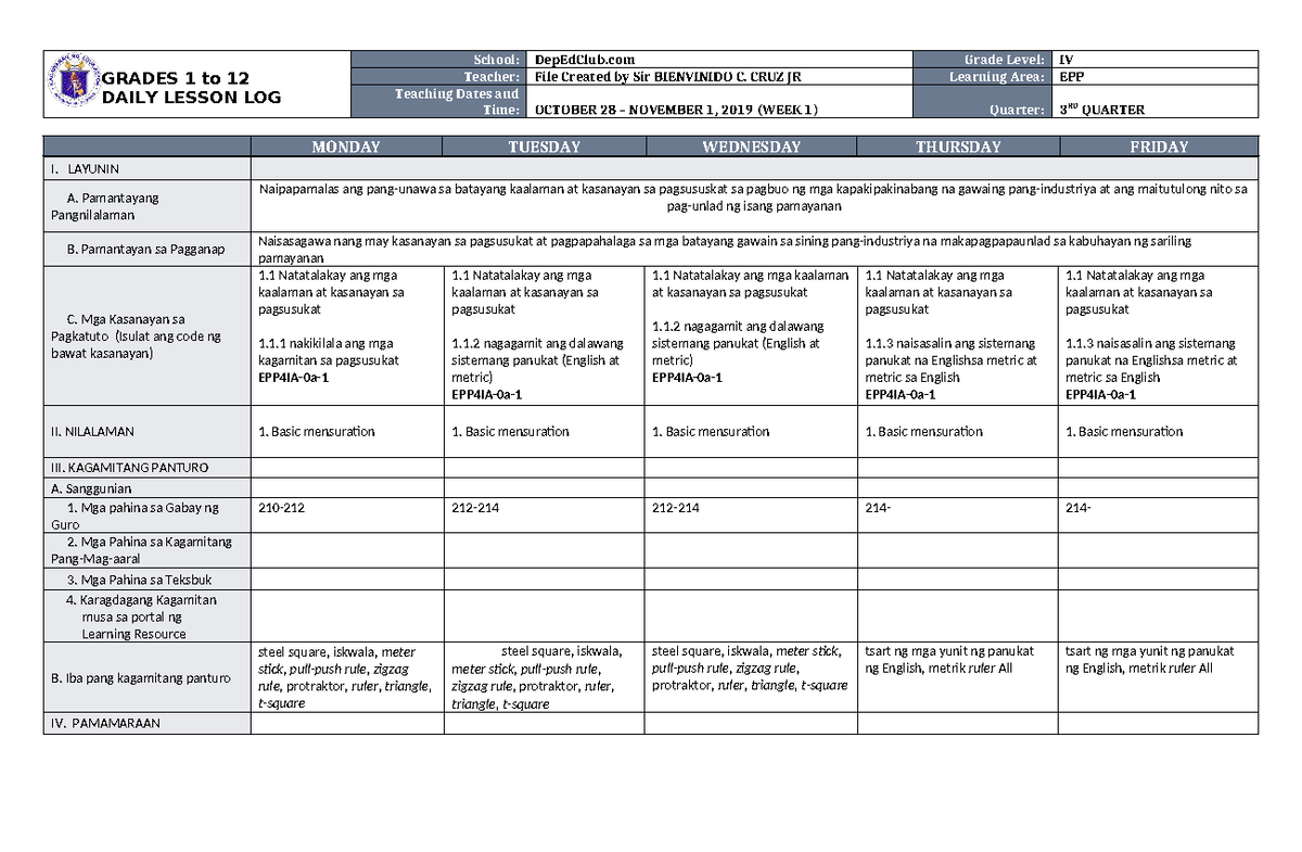 DLL EPP 4 Q3 W1 - Modular - GRADES 1 to 12 DAILY LESSON LOG School ...