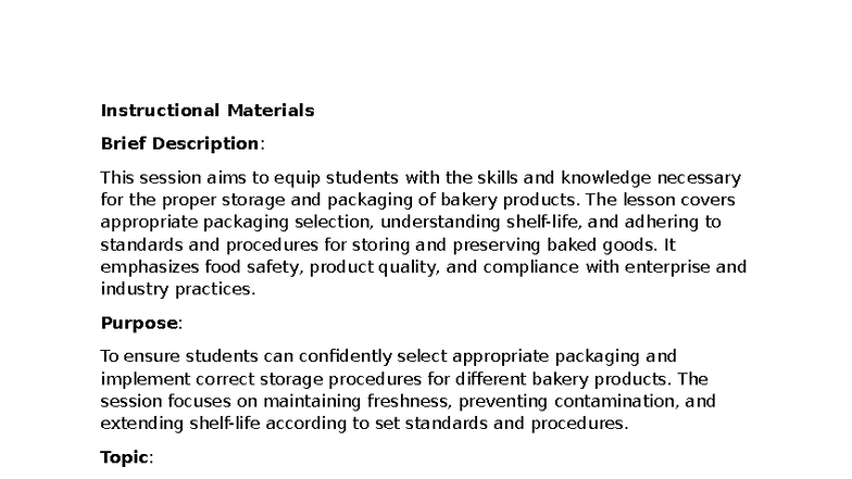 Storage and Packaging of Bakery Products (L.O. 3) - Lesson Notes - Studocu