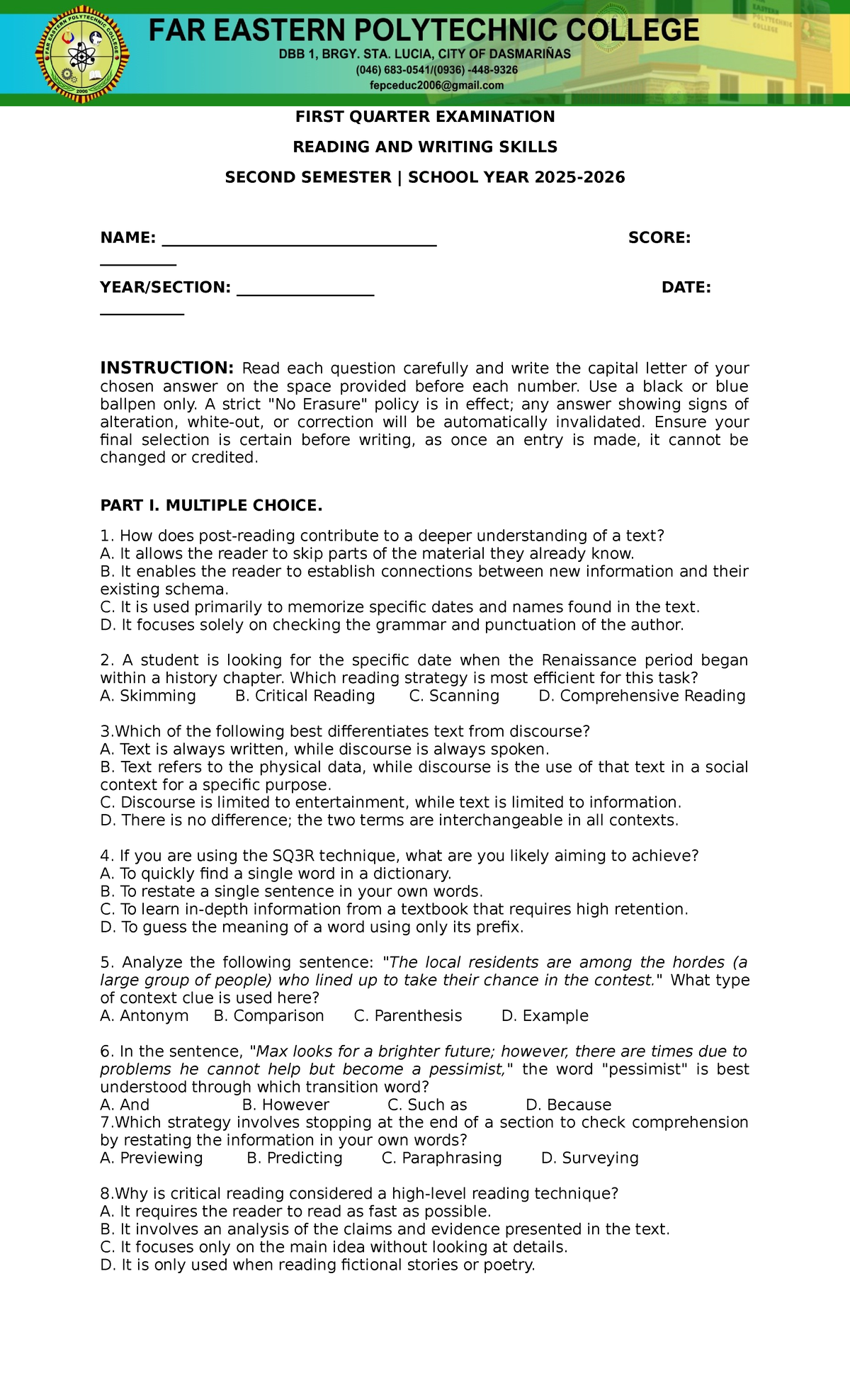 R&W 101: First Quarter Exam on Reading and Writing Skills - Studocu