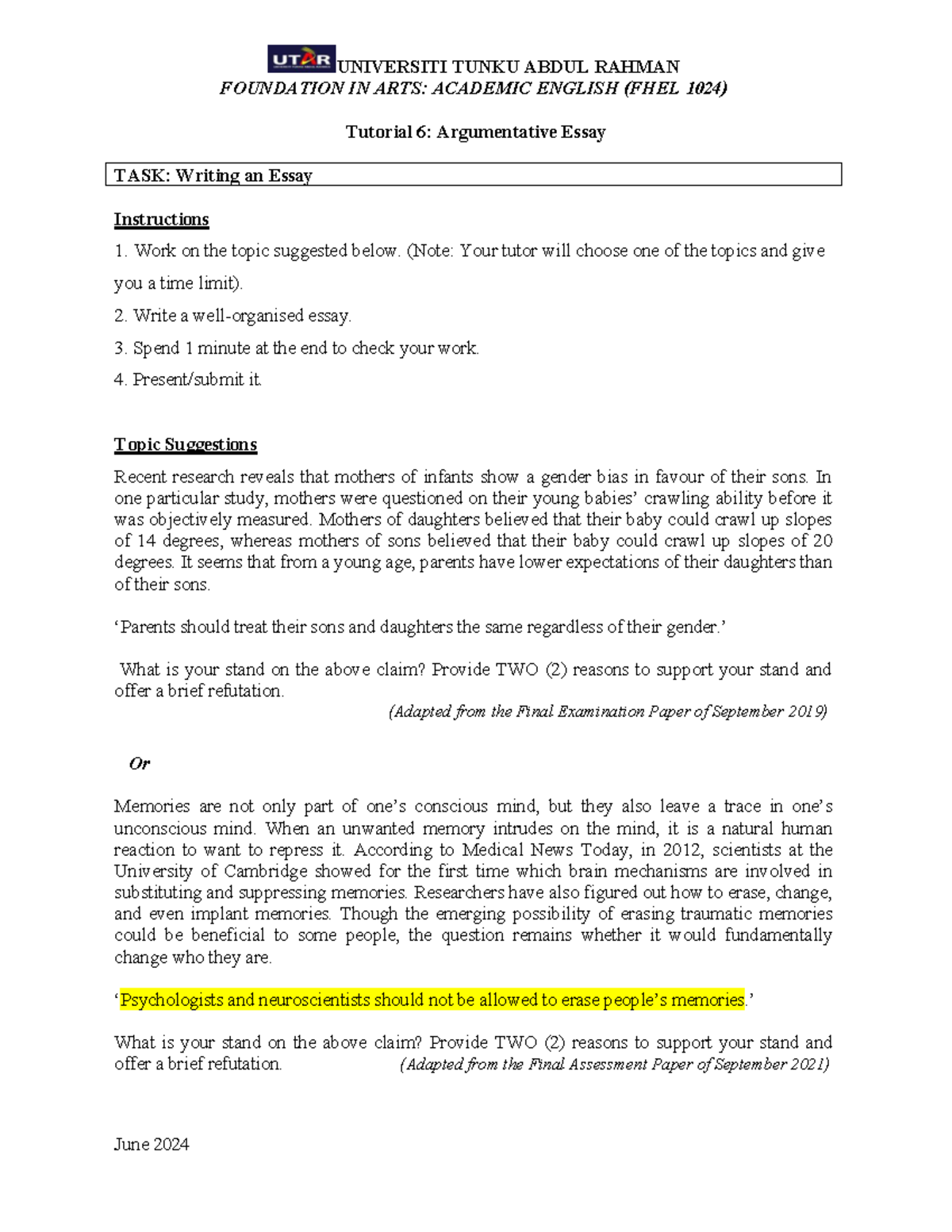 FHEL 1024 Tutorial 6: Argumentative Essay Sample Answer - Studocu