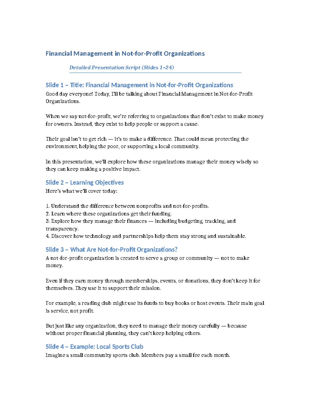 Financial Management in Nonprofits: Detailed Presentation Script - Studocu