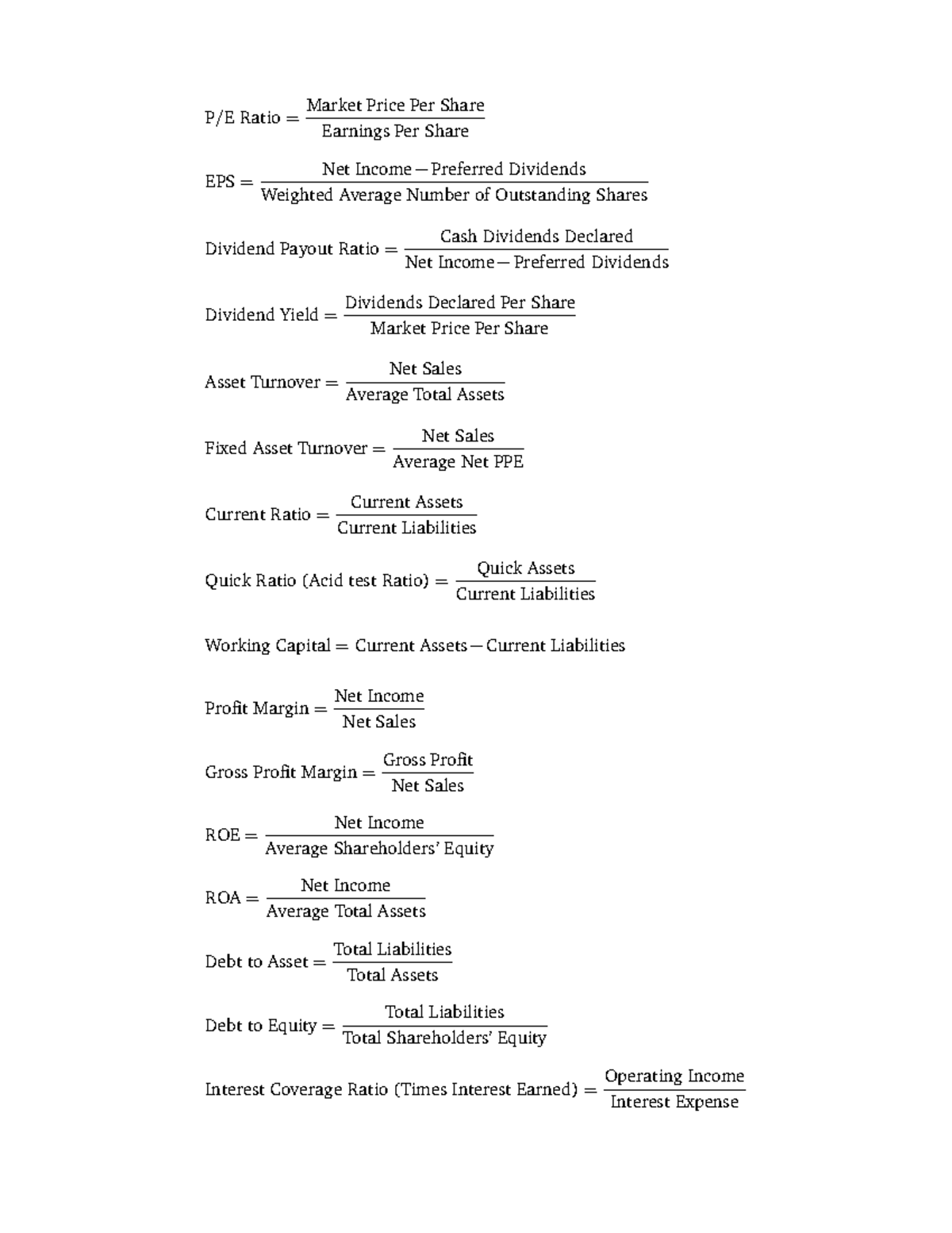 COMM 293 Final Exam Cheat Sheet: Key Financial Ratios Explained - Studocu