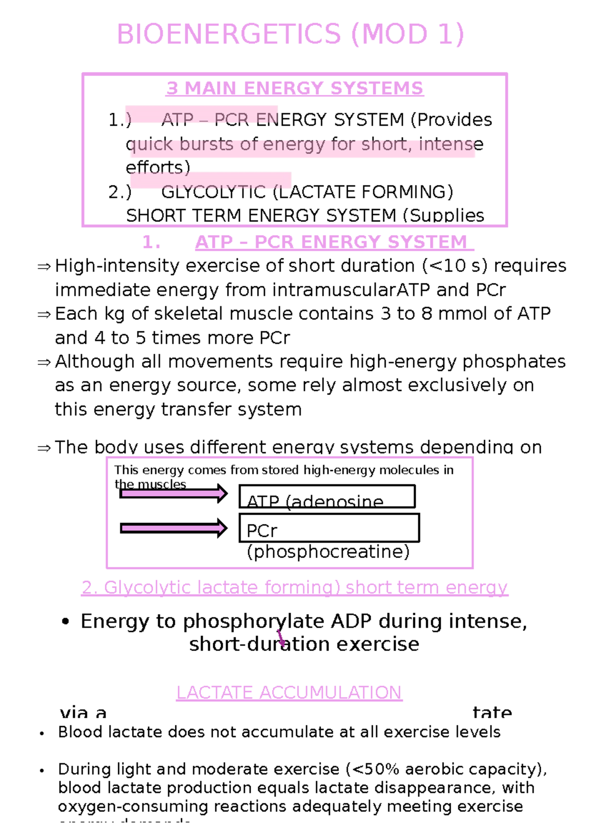 Bioenergetics (notes) - BIOENERGETICS (MOD 1) 3 MAIN ENERGY SYSTEMS 1 ...