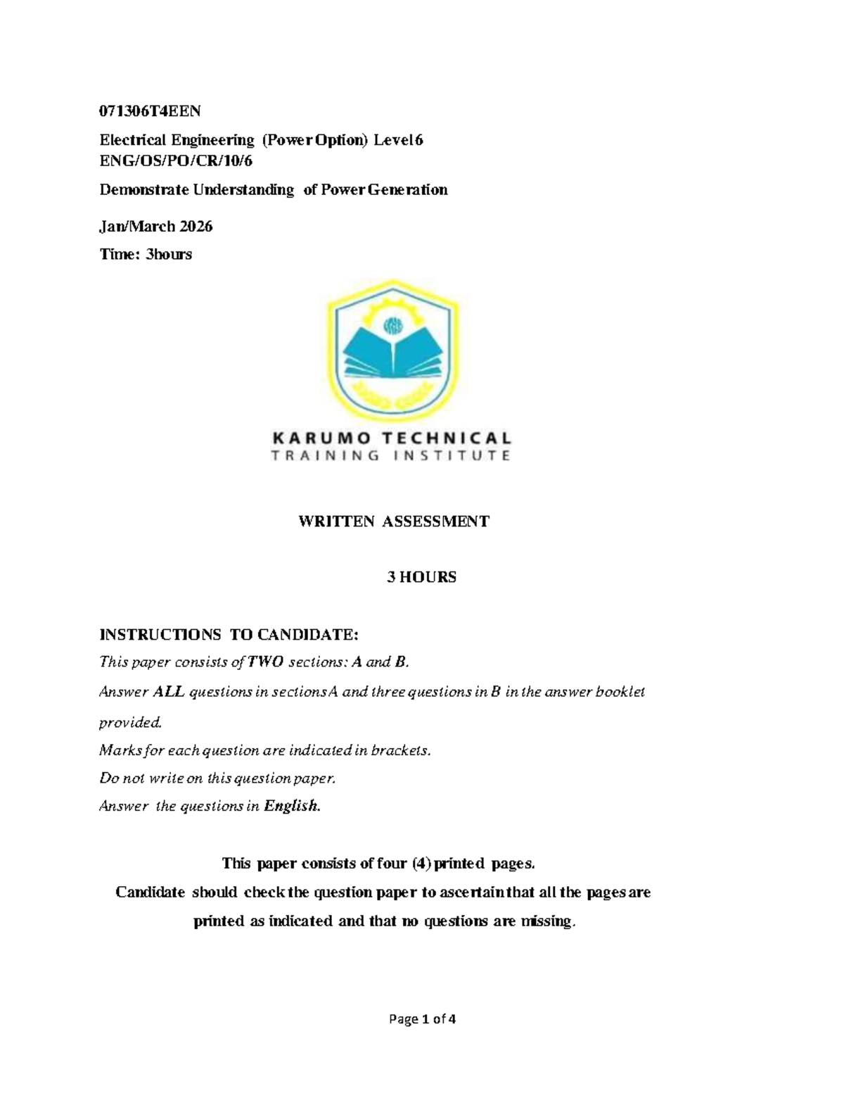 071306T4EEN Electrical Engineering Level 6 Power Generation Assessment ...