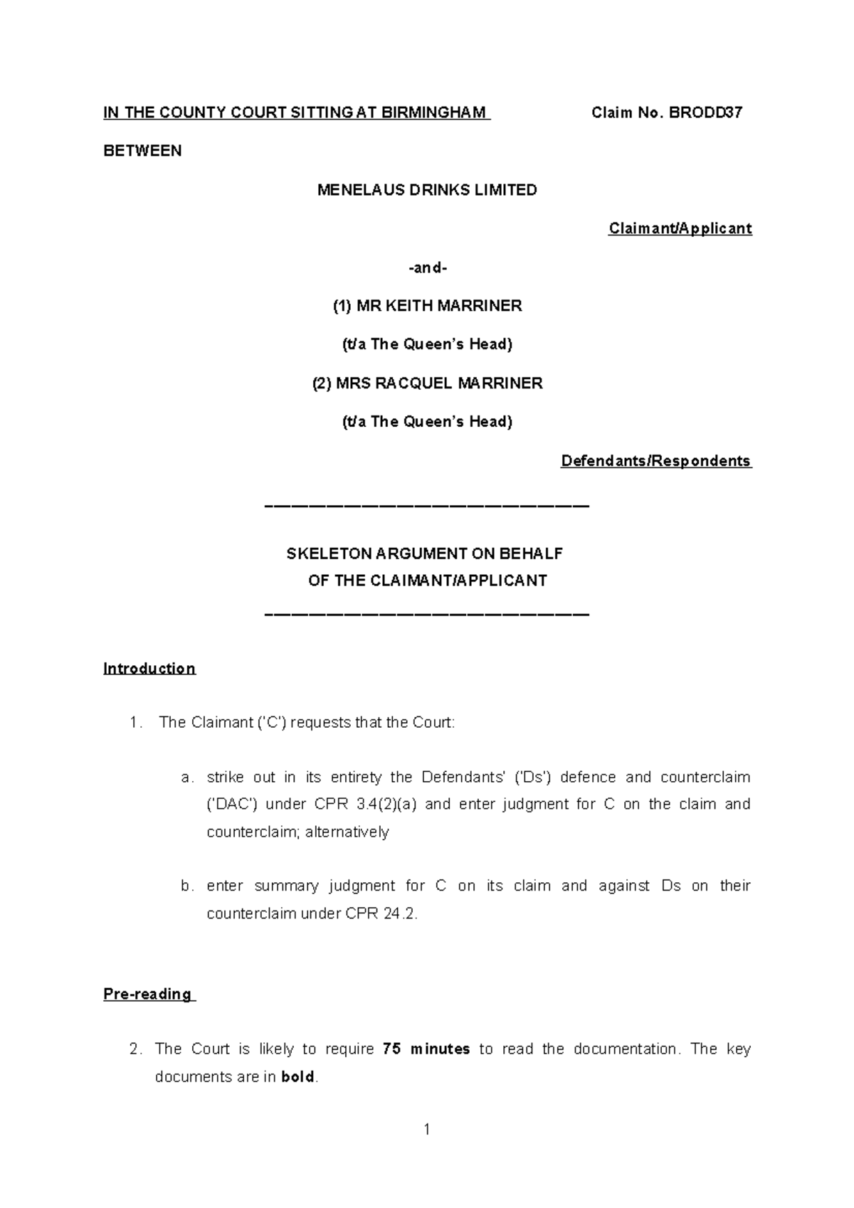 Skeleton application for strike out - IN THE COUNTY COURT SITTING AT ...