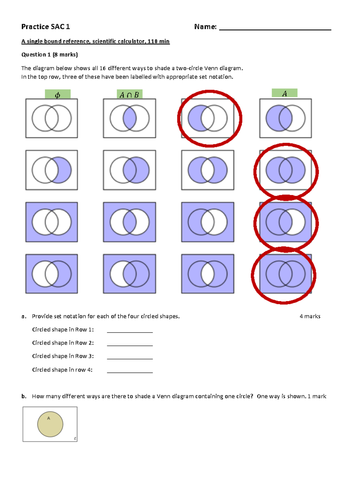 Practice SAC 1 - Venn Diagrams & Number Theory Concepts - Studocu