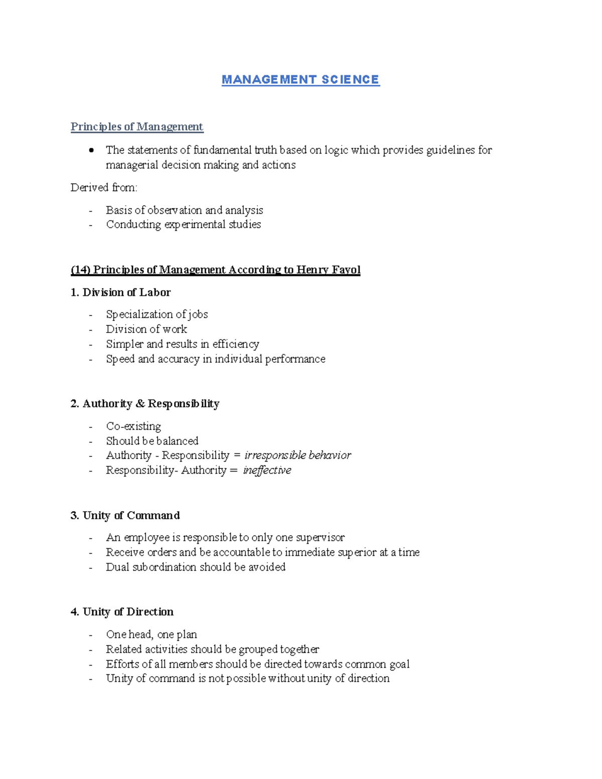 MANAGEMENT SCIENCE MGT101 Chapter 1: Principles of Management - Studocu