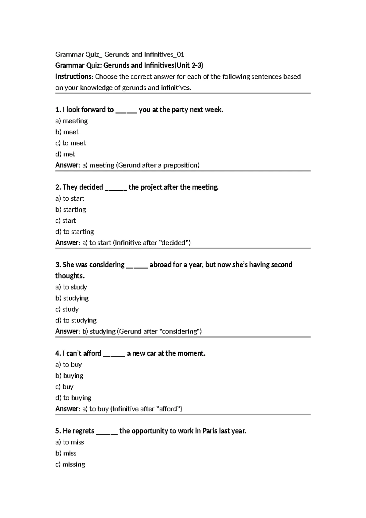 Grammar Quiz: Conditionals (Units 5) - Practice Questions 01 - Studocu