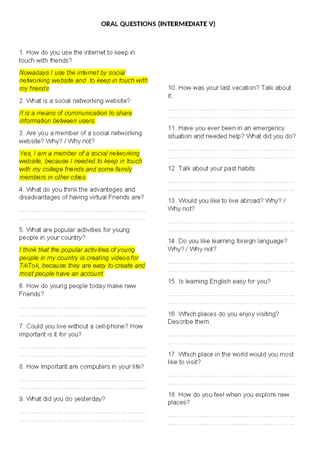 Intermediate V Oral Questions Study Guide for Speaking Skills - Studocu